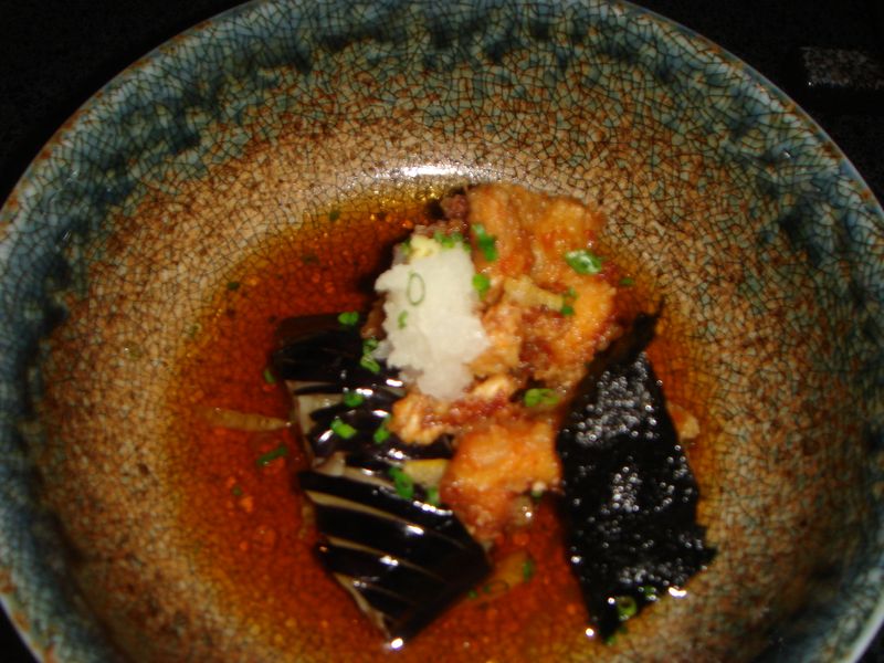 Wakadori no mizoreni ( pollo rebozado con berenjena marinado con dashi ) - restaurante shibui