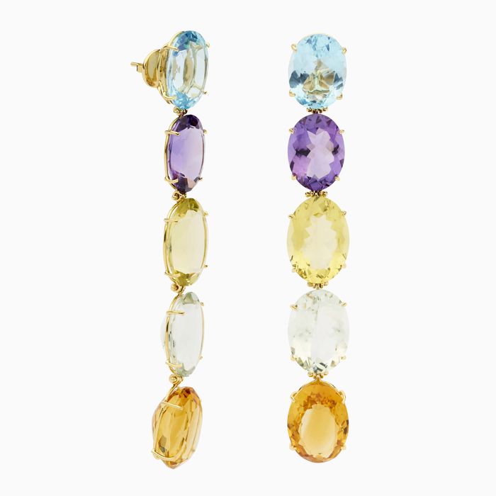 Pendientes en oro amarillo con topacio azul, amatista, citrino y prasiolita Pendientes en oro amarillo con topacio azul, amatista, citrino y prasiolita