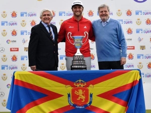 Gonzaga Escauriaza, Presidente de la RFEG, Jon Rahm y  el Ministro de Educación, Cultura y Deportes, Íñigo Méndez de Vigo.